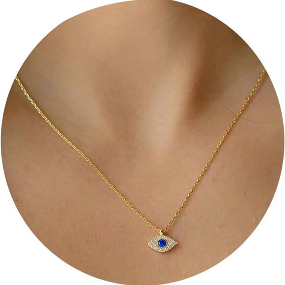 Gold Evil Eye Necklace,14K Gold Plated Dainty Solitaire Minimalist Diamond Evil - Picture 1 of 7